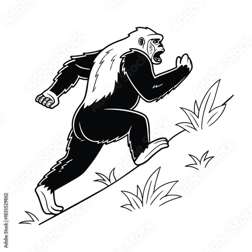 Stylized illustration of a gorilla running uphill through grass, black and white graphic. Vector