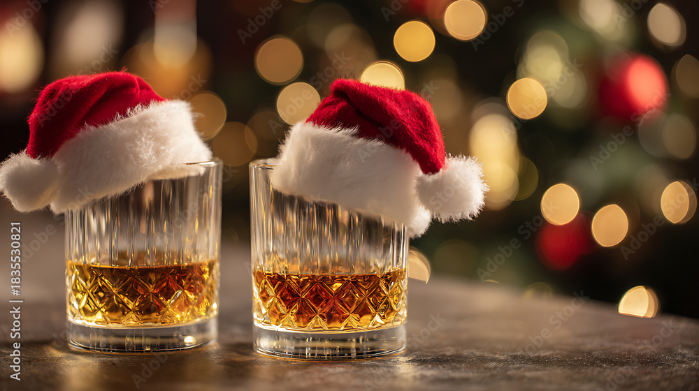 Fototapeta premium Festive spirits! Two glasses of liquor sport tiny Santa hats, bringing holiday cheer to your celebration. Raise a toast to good times and merry memories this season!