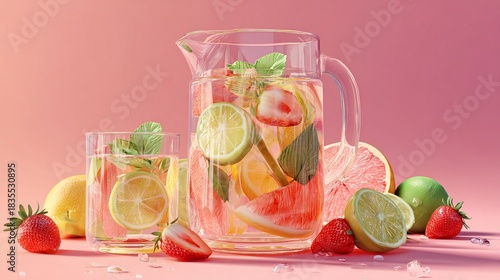 Enjoy refreshing homemade strawberry citrus infused water in a glass pitcher for healthy summer hydration with pink studio background