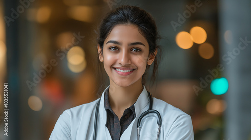 Smiling Female Medical Professional in Classroom: Young Adult Doctor in Professional Attire Enhancing Vitality and Patient Care Expertise