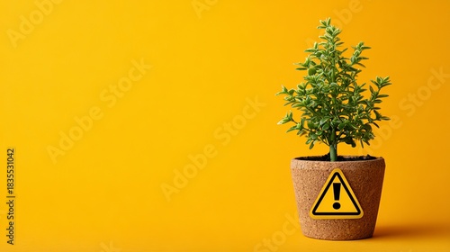 Urgent environmental warning featuring potted plant against vibrant yellow backdrop calling for sustainable solutions for a greener future