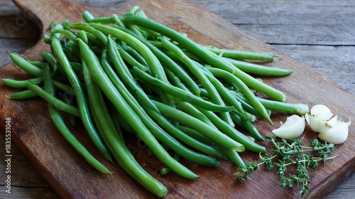 Fresh green beans with garlic and thyme on rustic wooden board ready for summer cooking and healthy eating lifestyle promotion