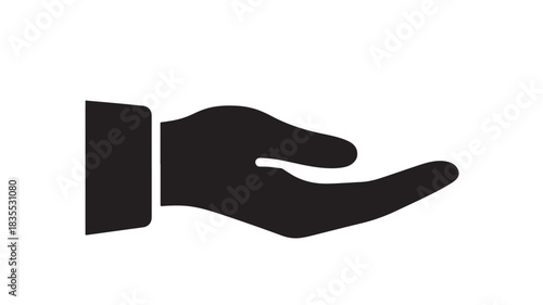 Elegant black silhouette of an open hand gesturing for help support or receiving an offering against a clean white background
