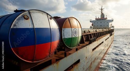Stunning Russian and Indian energy trade barrels secured on a massive cargo ship sailing the open sea