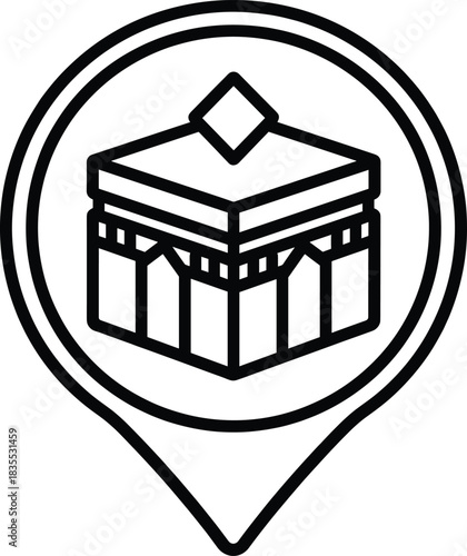 Black outline kaaba icon inside a location pin, representing muslim pray and qibla direction in mecca