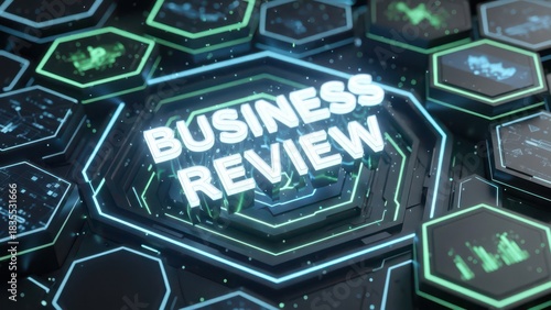 Futuristic Business Review Concept with Glowing Hexagons and Neon Lights