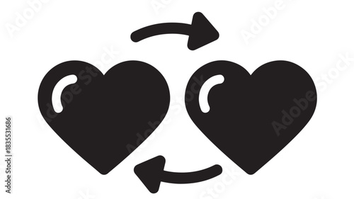 Dynamic circulation icon showing two hearts exchanging energy with curved rotating arrows symbolizing connection and mutual affection