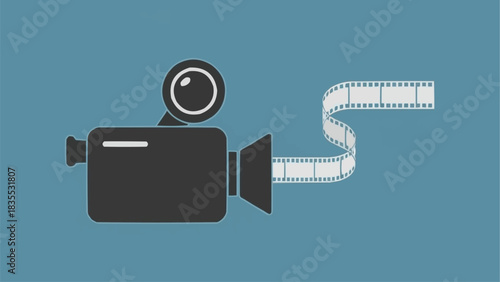A simple flat design illustration of a vintage video camera with a film strip unspooling, set against a solid blue background.