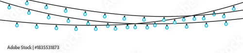 Three strands of blue string lights hanging against a white background in a vector illustration , glowing holiday lights garland bulbs, twinkling fairy lights glow