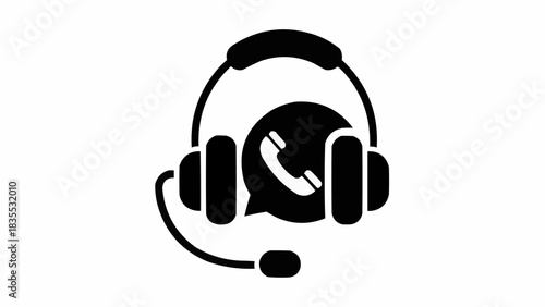 Black silhouette icon of a headset with a microphone and a phone call bubble, representing online communication and customer support services.