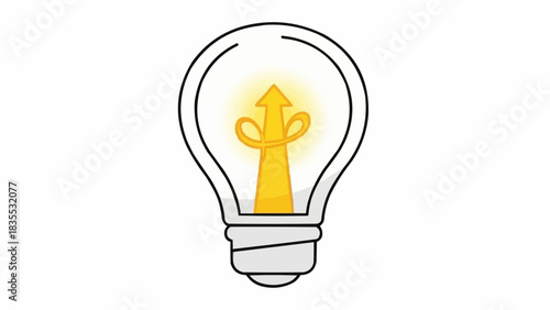 A glowing light bulb with an upward arrow and swirling ribbon inside, symbolizing innovation and progress.