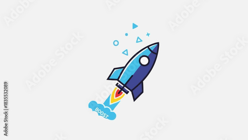 A blue cartoon rocket launching upwards with a fiery exhaust and geometric shapes.