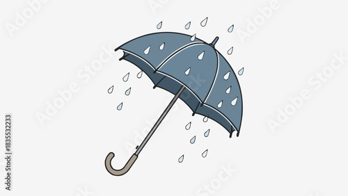 A simple illustration of an open blue umbrella with numerous raindrops falling on and around its canopy.