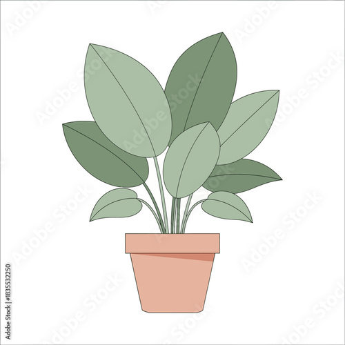 Illustration of a houseplant in a pot with lush green leaves evoking botanical calm and serenity