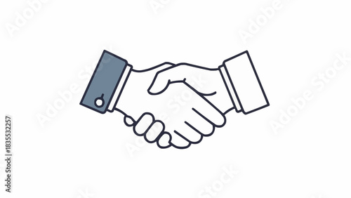 A simple line art illustration of two hands shaking, symbolizing agreement or partnership.