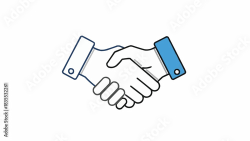 A simple line art illustration depicting two hands engaged in a firm handshake, symbolizing agreement, partnership, or greeting.