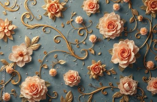 Floral pattern in vintage style with gold ornate scrollwork on muted blue textured backdrop. Delicate peach roses, blossoms create elegant, romantic wallpaper design. Suitable for luxury interior