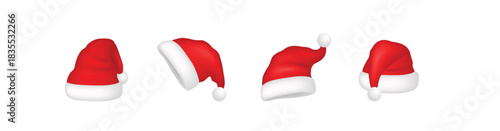 Four santa claus hats displayed in a row on a white background for christmas holiday celebration