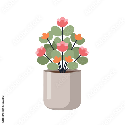 Minimalist potted plant illustration with pastel pink blossoms and verdant leaves adornment