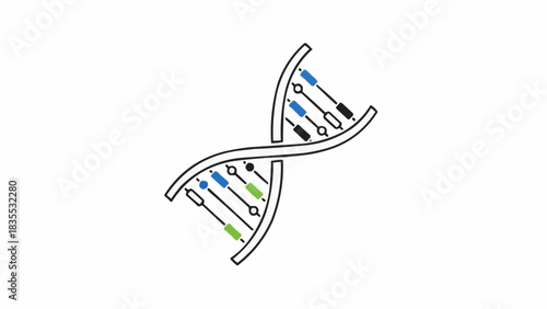 Stylized black outline illustration of a DNA double helix structure with colorful base pairs on a clean white background.