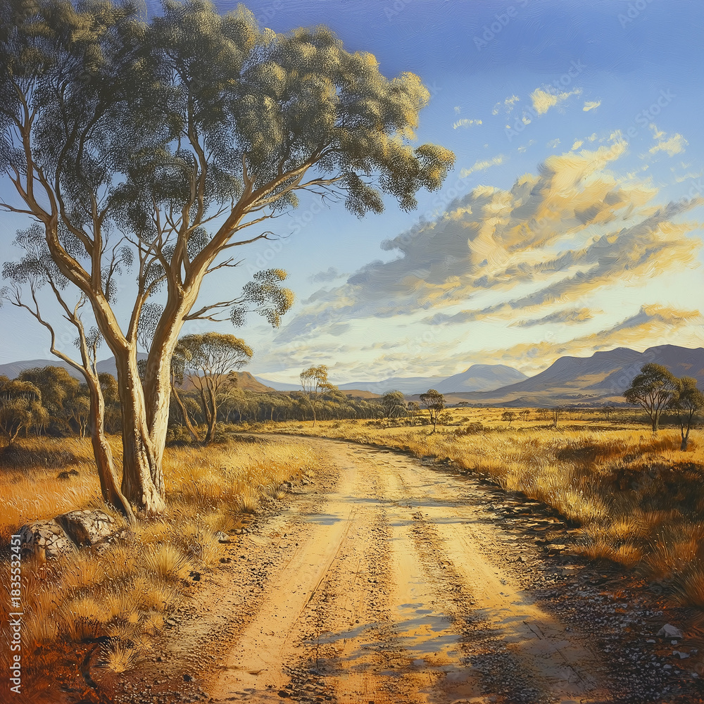 Obraz premium A warm golden African savanna road leading into the horizon under a peaceful sky. Perfect for travel lovers, rustic home decor, nature wall art, and inspirational landscape collections.