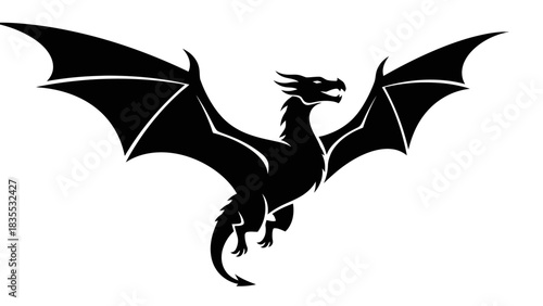 A black dragon silhouette with outstretched wings
