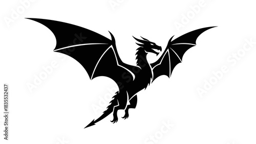 A black silhouette of a dragon with open wings is centered against a white background