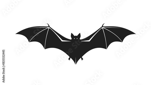 A black silhouette of a bat with outstretched wings against a white background
