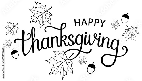 Happy Thanksgiving Leaves — Acorn and Maple Leaf Calligraphy Holiday Greeting