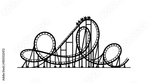 A black  white roller coaster with several loops and a line of cars at the peak against a plain backdrop
