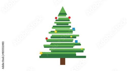 A Christmas tree is decorated with geometric shapes