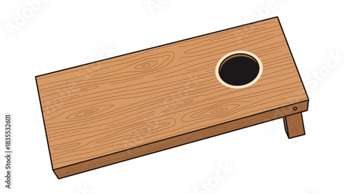 A light brown wooden cornhole board with a hole near one end