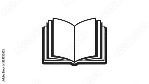 A line art illustration depicts an open book with visible pages and a spine