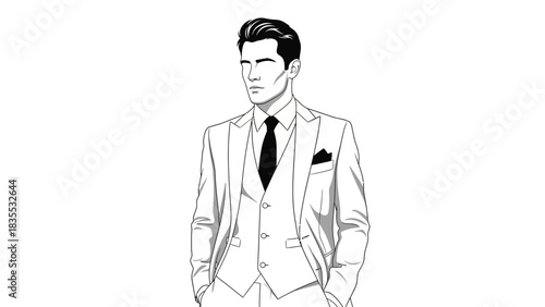 A monochromatic depiction of a man in a threepiece suit rendered in a line drawing style