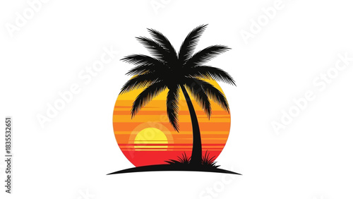 A silhouette of a palm tree against a sunset over the sea