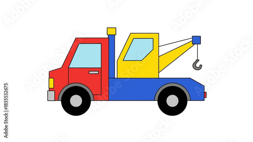 A simplified cartoonstyle tow truck with red blue and yellow sections on a white background