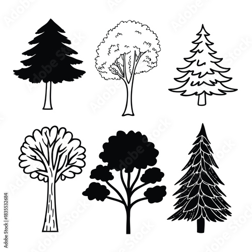 Adobe Illustrator Artwork CAD Drawings. Minimal style cad tree line side view, set of graphics trees elements outline symbol for architecture and landscape design drawing. Vector illustration
