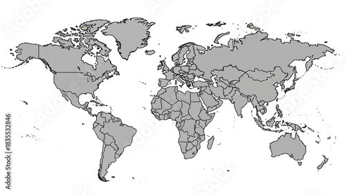 A world map shows continental outlines and country borders rendered in grey with black lines