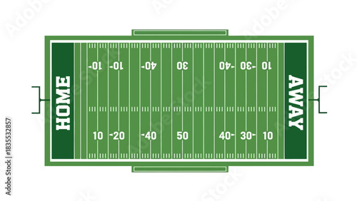 Aerial view of a football field with yard lines and text labels for HOME and AWAY teams