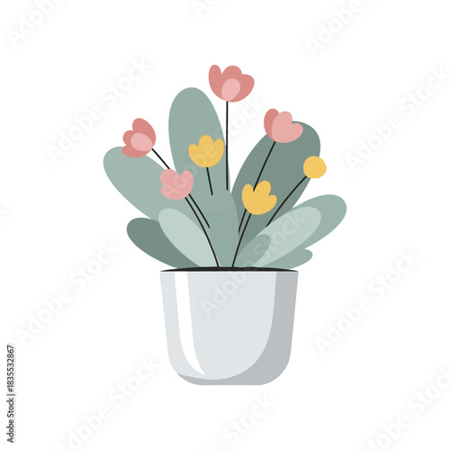 Stylized indoor flowering plant in a white pot offering a soft and pleasant look