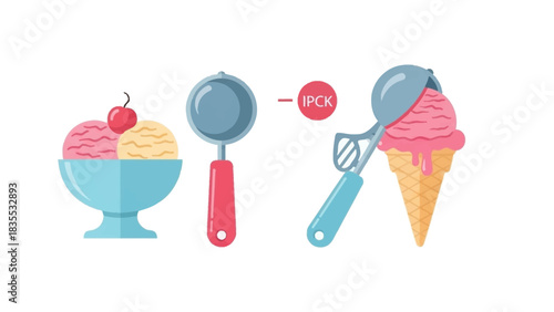 An ice cream sundae a scoop and a cone are illustrated in a cartoon style
