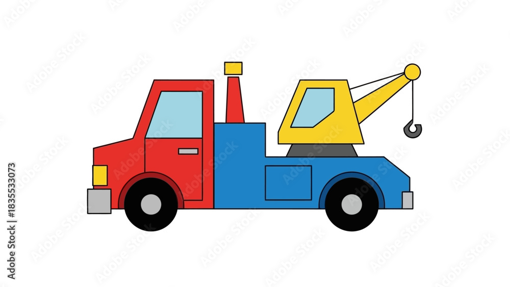 Naklejka premium Colorful cartoon tow truck with red cab blue body yellow crane is on a white background