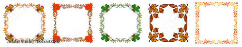 Square Autumn Frame — Fall Leaf Border, Thanksgiving Rectangle Botanical Ornament with Leaves, Acorns, Branches, Pumpkins, Berries and Foliage