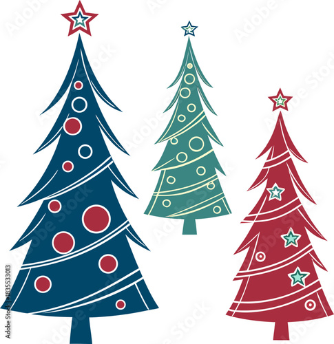 Clip art of vintage-style Christmas trees adorned with colorful circles, isolated on a transparent background for a cheerful, retro feel.