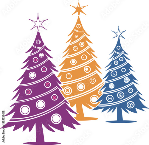 Clip art of retro Christmas trees with colorful circular decorations, isolated on a clear background for a festive vintage appeal.