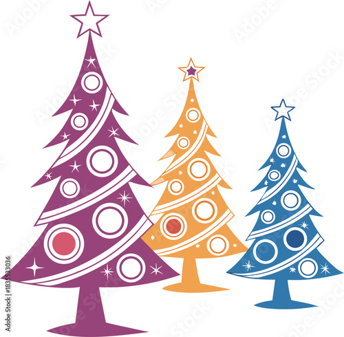 Retro Christmas tree clip art with colorful circular patterns, isolated on a transparent background, perfect for a nostalgic holiday design.
