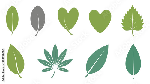 Eight stylized leaf icons in various green shades and shapes isolated against a white background