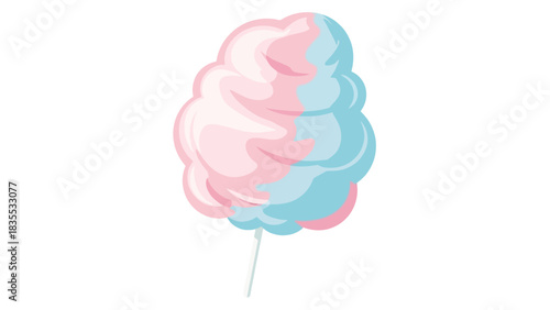 Fluffy cotton candy divided into pastel pink and blue halves stands on a thin white stick