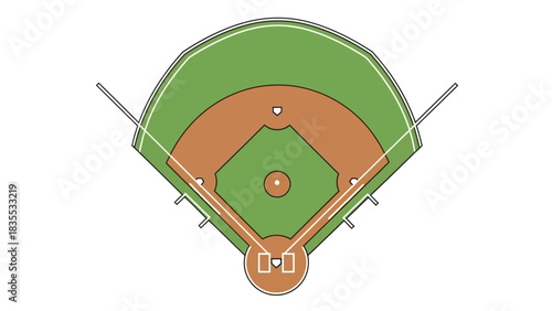 Overhead view of a baseball field with green outfield brown infield and white lines indicating base paths