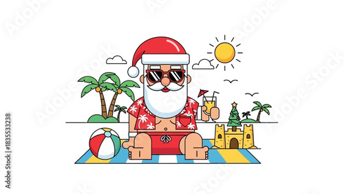 Santa sits on a striped towel in red shorts sunglasses and Hawaiian shirt enjoying a drink by the beach